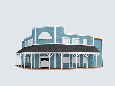 Blue And White Building Exterior With Black Roof Porch White Columns And Arched Windows 3d model