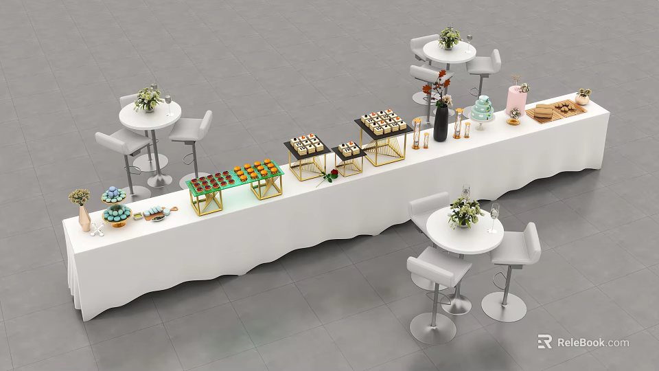 Elegant Food Buffet Display With Assorted Desserts Fresh Fruits And Snacks 3d model 