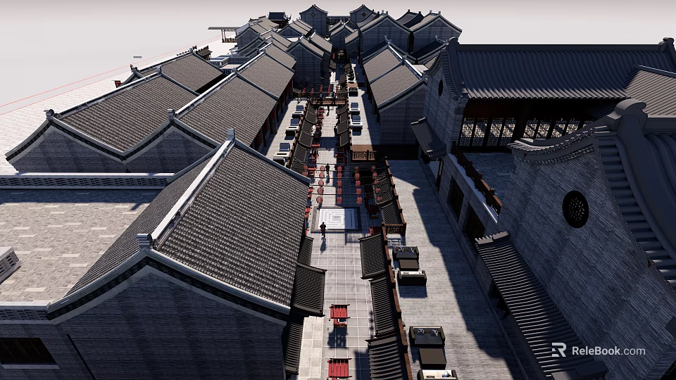 Traditional Commercial Street With Ancient Architecture Gray Tile Roofs And Pedestrian Walkway 3d model 