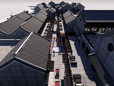 Traditional Commercial Street With Ancient Architecture Gray Tile Roofs And Pedestrian Walkway 3d model