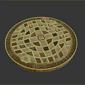 Round Wooden Decorative Tray With Geometric Inlaid Patterns And Ornate Edge Design