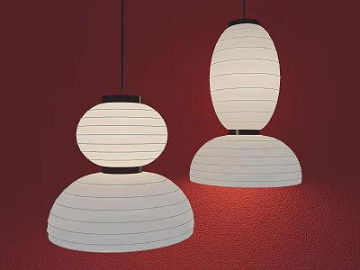 Two Modern White Stripe Pendant Lights Interior Design With Red Background 3d model