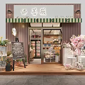 Floral Shop Facade With Striped Awning Pink Bouquets And Wooden Wall Decor
