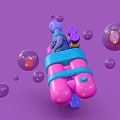 Colorful Bubble Gun Toy With Pink Blue Design And Transparent Bubbles On Purple Background