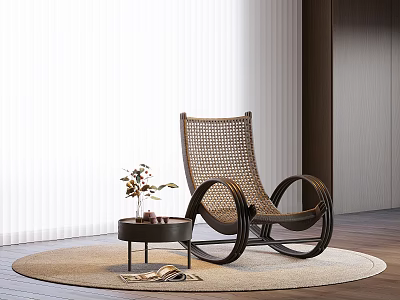 Modern Wicker Rocking Chair with Round Rug and Side Table in Light Filled Room 3d model