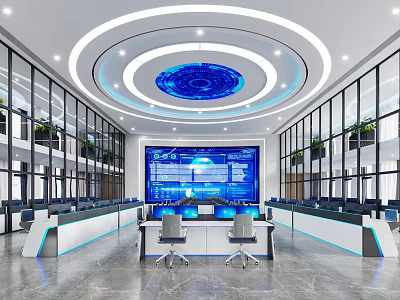 Modern Monitoring Room With Large Screen Desks Chairs And Circular Lights 3d model