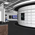 Modern Exhibition Hall Interior With Circular Display Wall Multiple Shelves And Digital Screens