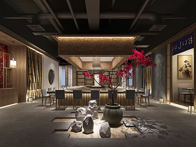 Traditional Japanese Restaurant Interior With Wooden Decor Cherry Blossom And Stone Elements 3d model
