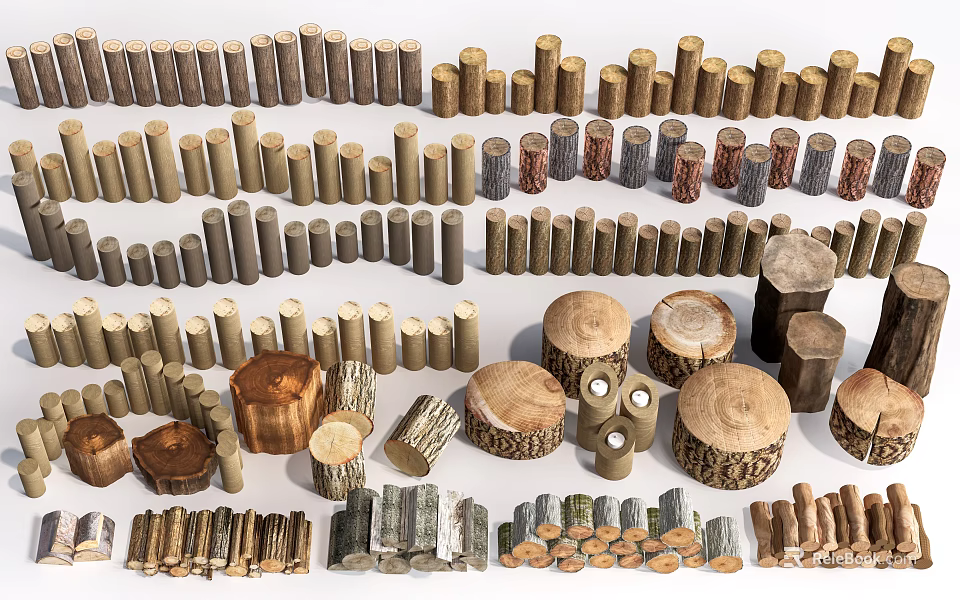 Stone and Wood Assortment Featuring Various Shapes Sizes Logs Stumps Stones and Chips 3d model 