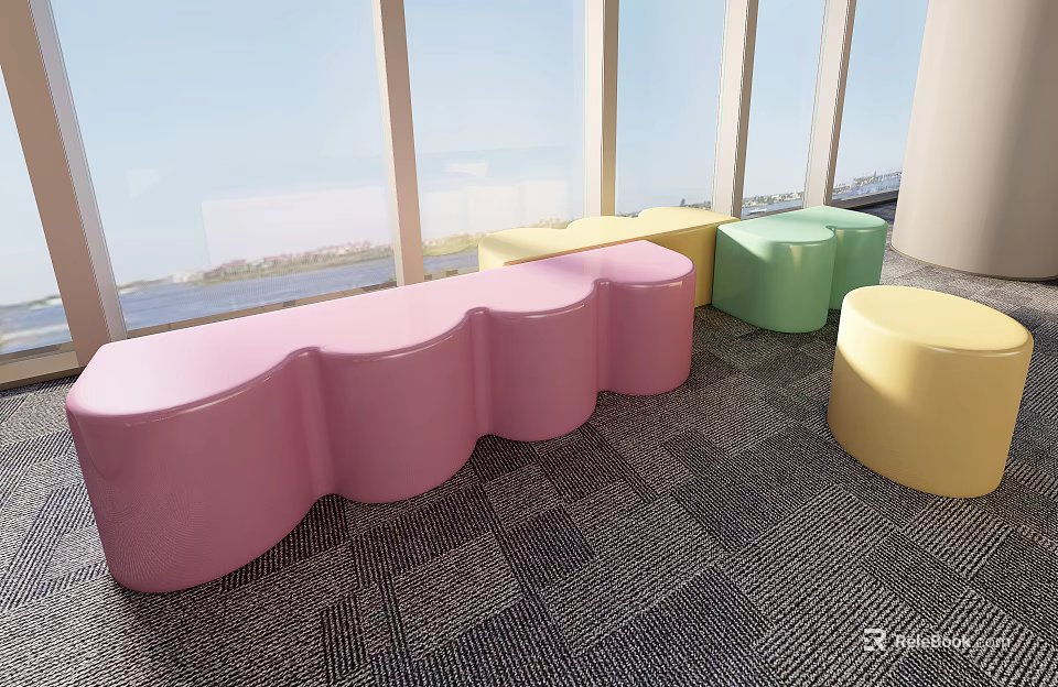 Colorful Curved Public Chairs In Bright Indoor Space With Large Windows 3d model 
