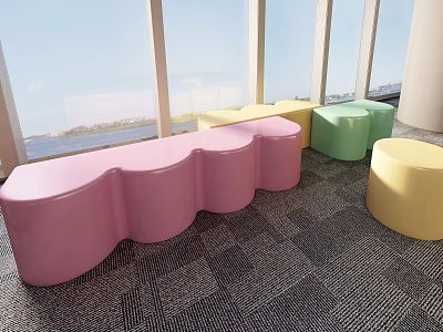 Colorful Curved Public Chairs In Bright Indoor Space With Large Windows 3d model