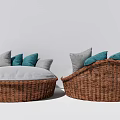 Modern Round Woven Rattan Single Sofa With Gray And Teal Decorative Cushions