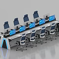 Modern Monitoring Room With Control Console Multiple Screens Blue Chairs And LED Lighting