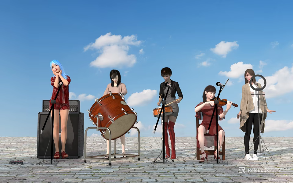 Group of People Playing Musical Instruments Outdoor Cobblestone Ground Under Blue Sky With White Clouds 3d model 