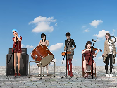 Group of People Playing Musical Instruments Outdoor Cobblestone Ground Under Blue Sky With White Clouds 3d model