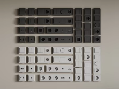 Modern Black and White Switch Panels Displaying Various Socket and Switch Designs 3d model