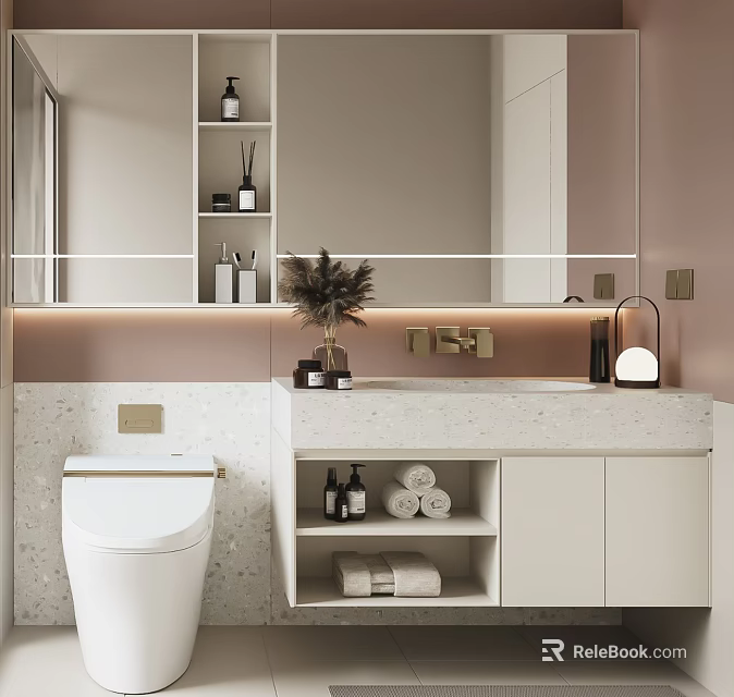 Elegant Modern Bathroom Cabinet Featuring Marble Countertop Mirror Towels On Shelves And Vase 3d model 