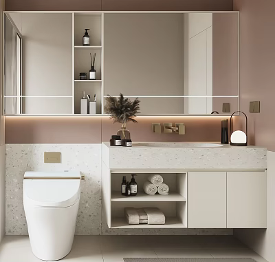Elegant Modern Bathroom Cabinet Featuring Marble Countertop Mirror Towels On Shelves And Vase 3d model