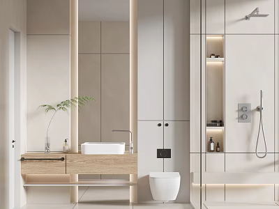 Modern Bathroom Interior Design With Wooden Vanity White Sink Toilet And Shower Area 3d model
