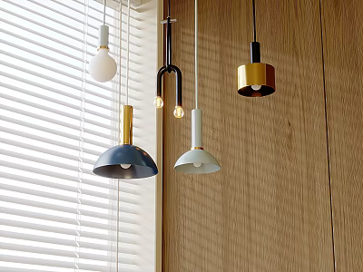 Modern Blue White Gold Pendant Lights For Living Room With Wooden Wall And Window Blinds 3d model