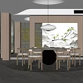 Elegant Modern Chinese Restaurant Interior With Round Dining Table Pendant Lamp And Landscape Painting