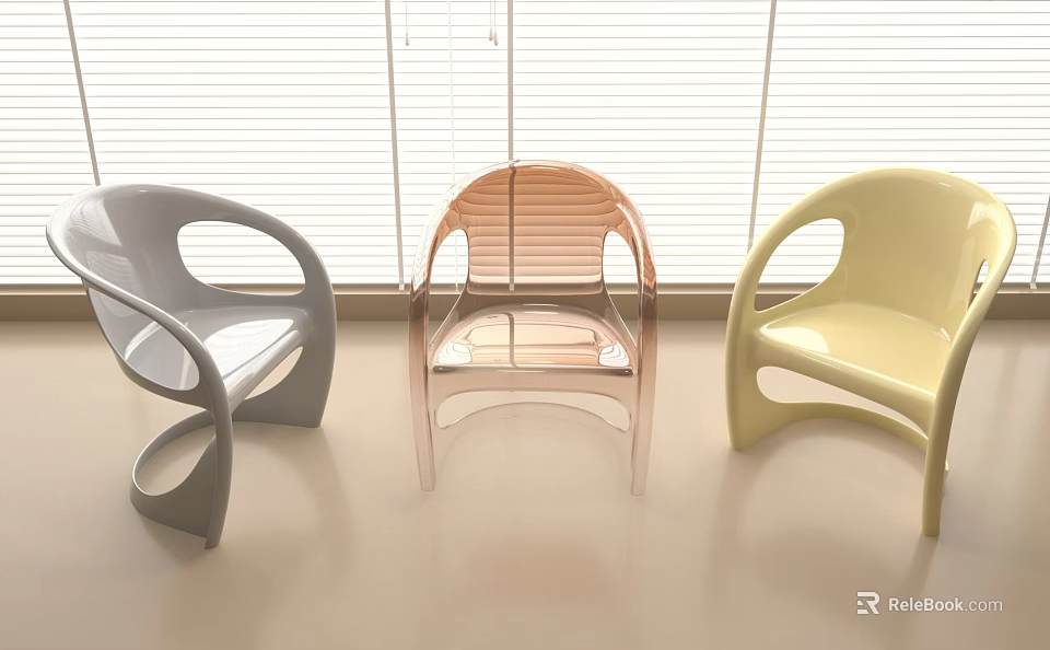 Modern Colorful Plastic Chair Set With Transparent Pink Gray And Yellow Designs 3d model 