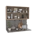 Wooden Shelves With Kitchenware Including Bowls Pitcher Plates Cutting Board And Plant