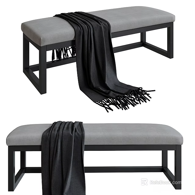 Stylish Sofa Bench With Gray Cushion Black Frame And Fringed Blanket 3d model 