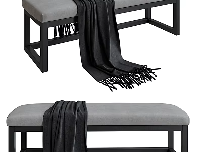 Stylish Sofa Bench With Gray Cushion Black Frame And Fringed Blanket 3d model