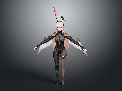Child in Black Bodysuit with White Wings Pink Rabbit Ears and Black Bird on Shoulder 3d model