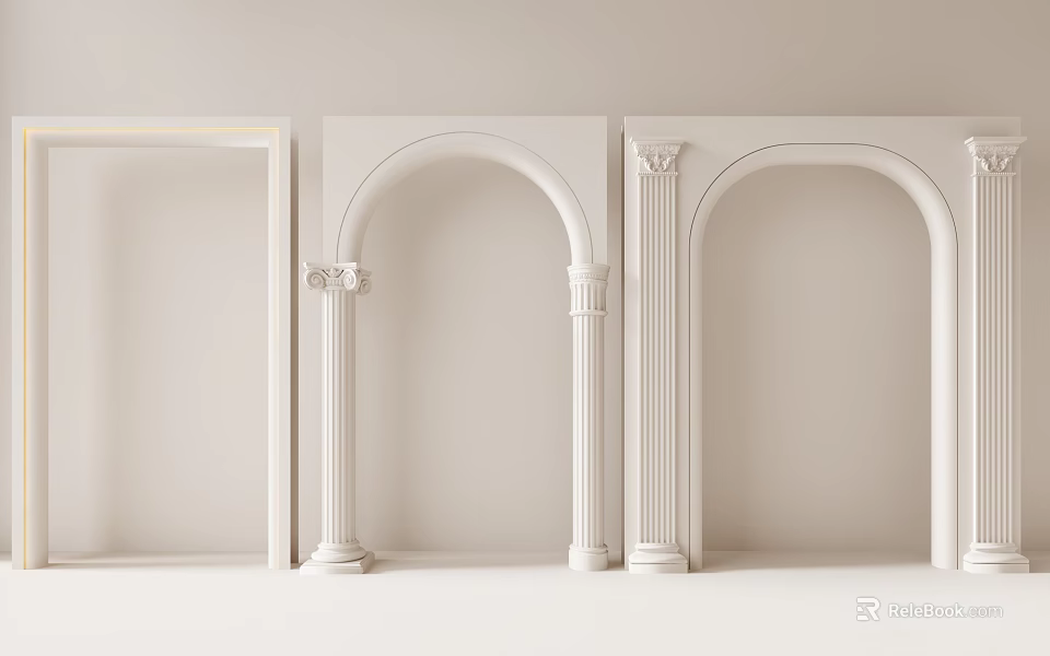 White Roman Columns With Arch Frames In Modern Minimalist Interior Design 3d model