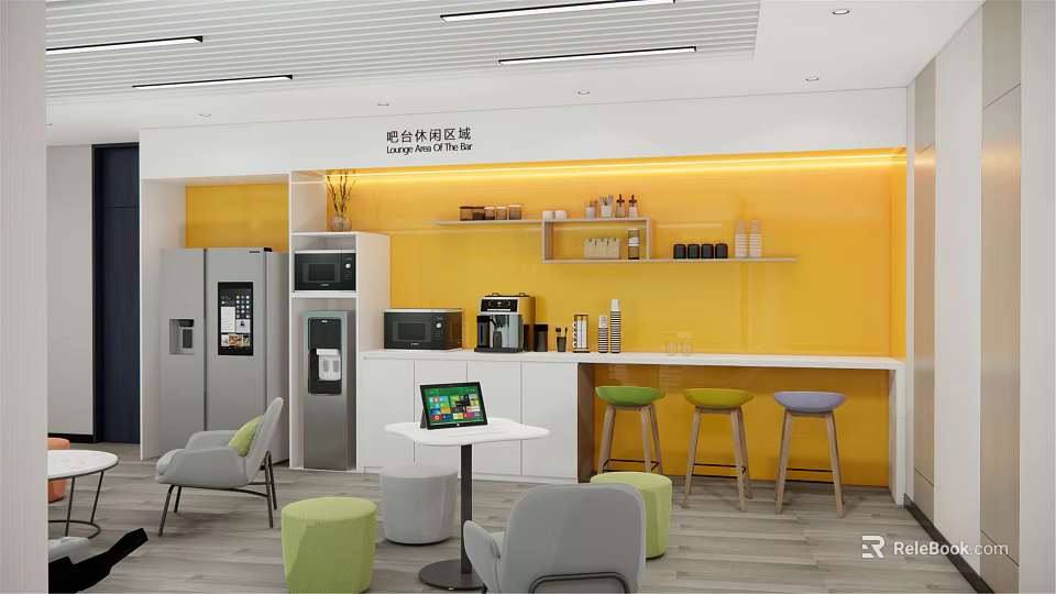 Bright Modern Office Pantry Interior Design With Yellow Wall Counter Coffee Machine And Stools 3d model 
