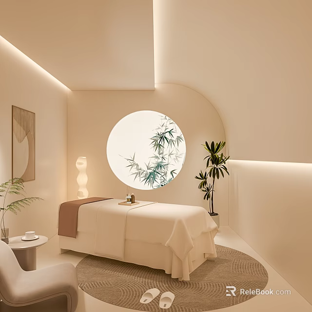 Cozy Warm Beauty Spa Treatment Room With Elegant Bamboo Decoration And Soft Ambient Lighting 3d model 