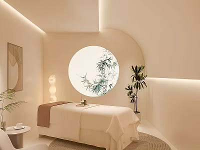 Cozy Warm Beauty Spa Treatment Room With Elegant Bamboo Decoration And Soft Ambient Lighting 3d model