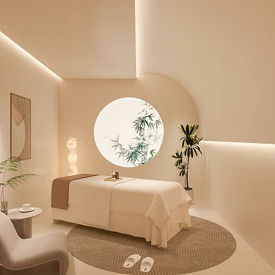 Cozy Warm Beauty Spa Treatment Room With Elegant Bamboo Decoration And Soft Ambient Lighting 3d model