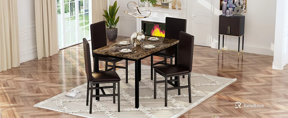 Stylish Dining Room Interior With Marble Table Fireplace Leather Chairs And Plants 3d model