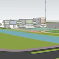 Modern School Buildings With White Glass Curtain Walls By Waterfront Greenery And Blue Sky Reflections