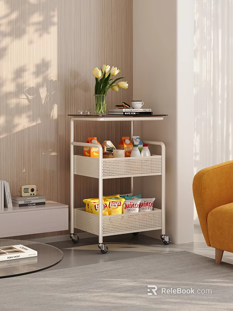 Living Room Interior With Rolling Cart Yellow Tulips Coffee Cup Food Boxes And Orange Chair 3d model 