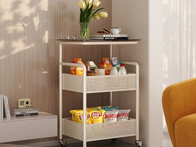 Living Room Interior With Rolling Cart Yellow Tulips Coffee Cup Food Boxes And Orange Chair 3d model