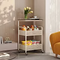 Living Room Interior With Rolling Cart Yellow Tulips Coffee Cup Food Boxes And Orange Chair