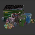 Various Colored Waste Containers With Trash Bags Cardboard Boxes And Scattered Waste