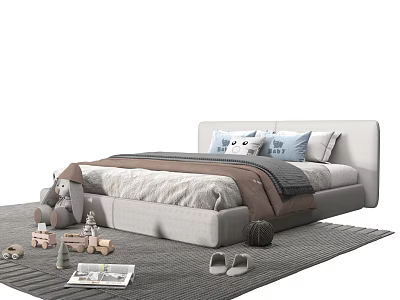 Modern Double Bed in Cozy Bedroom with Stuffed Elephant Toys Magazine Slippers and Gray Carpet 3d model