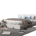 Modern Double Bed in Cozy Bedroom with Stuffed Elephant Toys Magazine Slippers and Gray Carpet