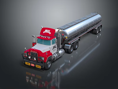 MACK Heavy Duty Tanker Truck With Red Cab And Shiny Silver Tank 3d model