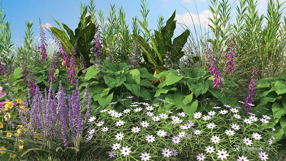 Vibrant Garden Display With Purple Pink And White Flowers Large Green Leaves Under Blue Sky 3d model 