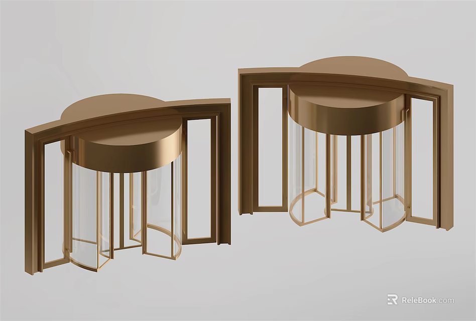 Golden Revolving Doors with Modern Metal Frame and Glass Panels Design 3d model 