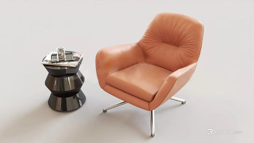 Modern Orange Leather Single Sofa With Black Metal Side Table And Items 3d model