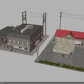 Small Town Commercial Buildings Featuring Store Gas Station Red Flat Roofs Signage And Greenery