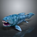 3D Rendered Fierce Blue Green Fish Character With Open Mouth Sharp Teeth And Yellow Eyes