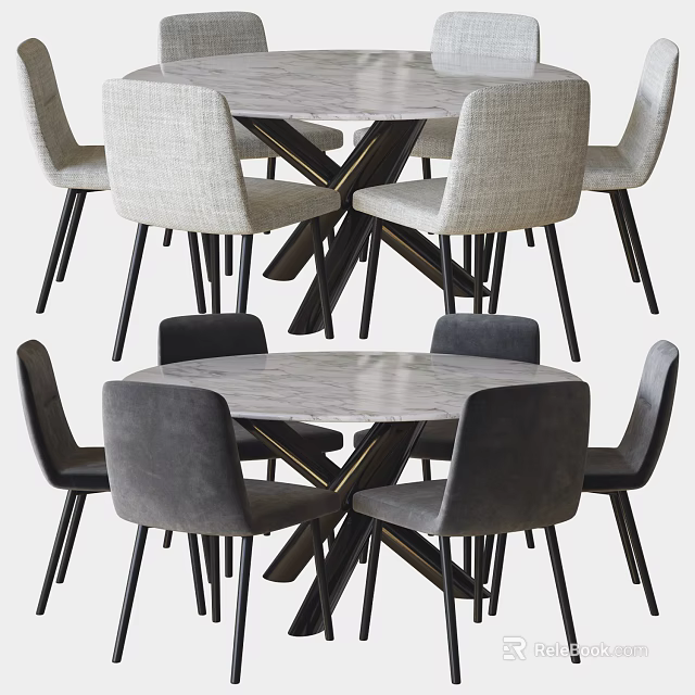 Modern Dining Table Set With Round Marble Top And Fabric Upholstered Chairs 3d model